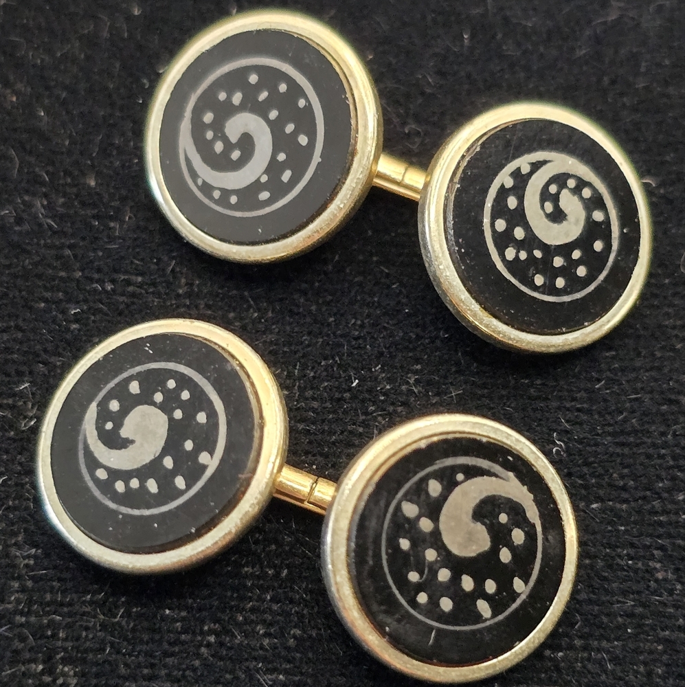 Vintage Etched Black Glass Cufflinks Classic Elegance Mens Gift Wave Stars
